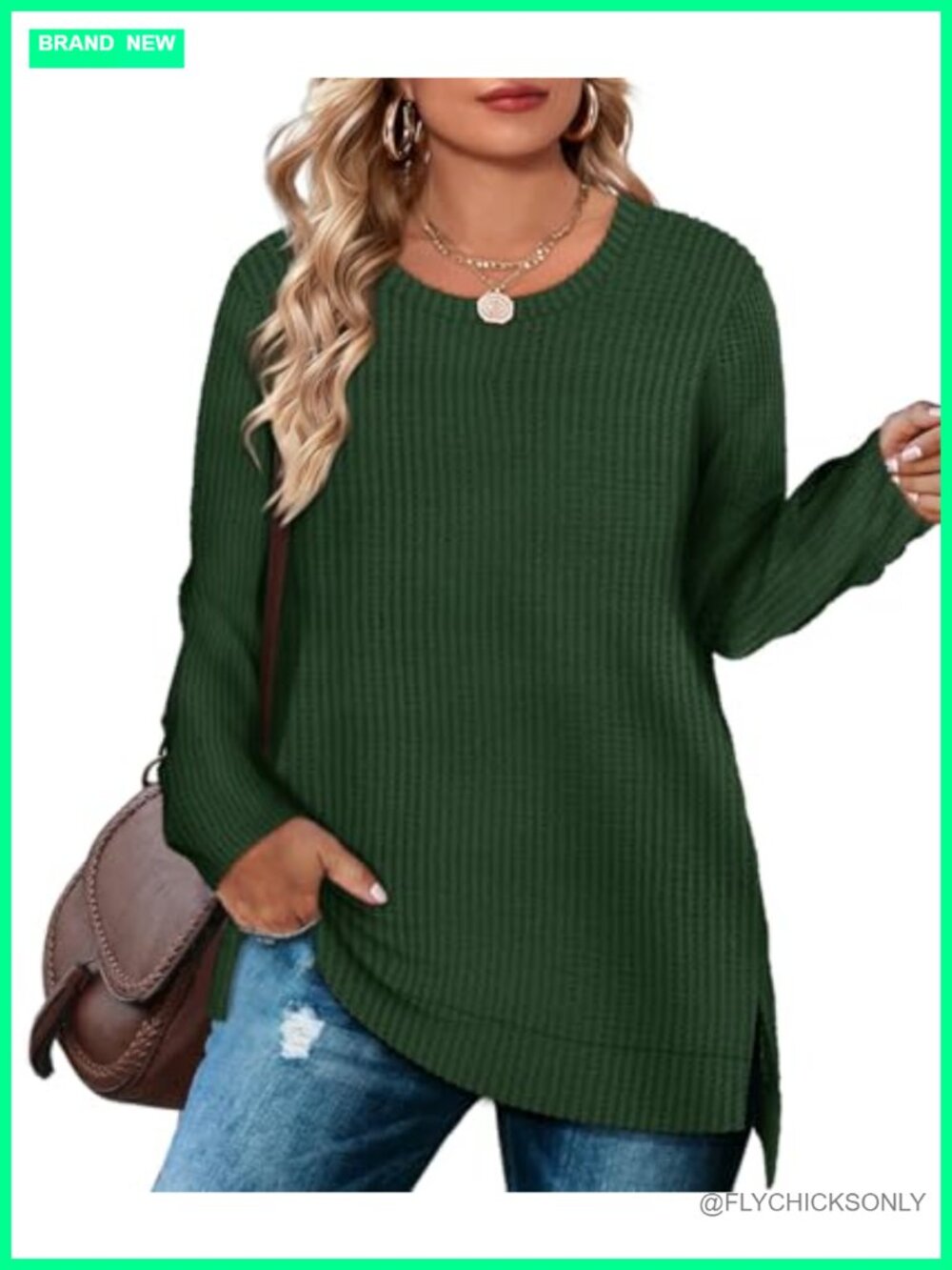Waffle Knit Pullover Sweater Loose Split Hem Fall Winter Blouse
